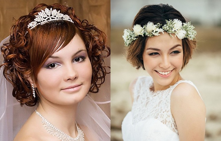 Свадебная прическа на короткие волосы в стиле романтизм с диадемой и ободком из цветов